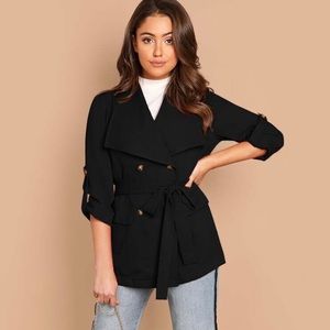 SHEIN Double Breasted Roll Up Sleeve Belted Coat